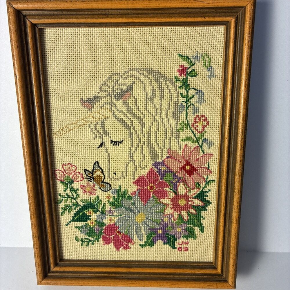 * Completed Cross Stitch HORSE & BUTTERFLY 6x8 Wood Frame